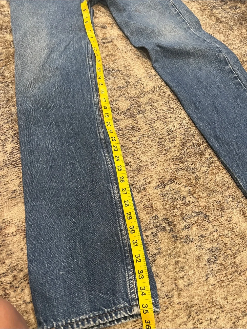 Vintage 501 Levi's Men's Mid Blue Relaxed Jeans with Brown Leather Patch 35x36